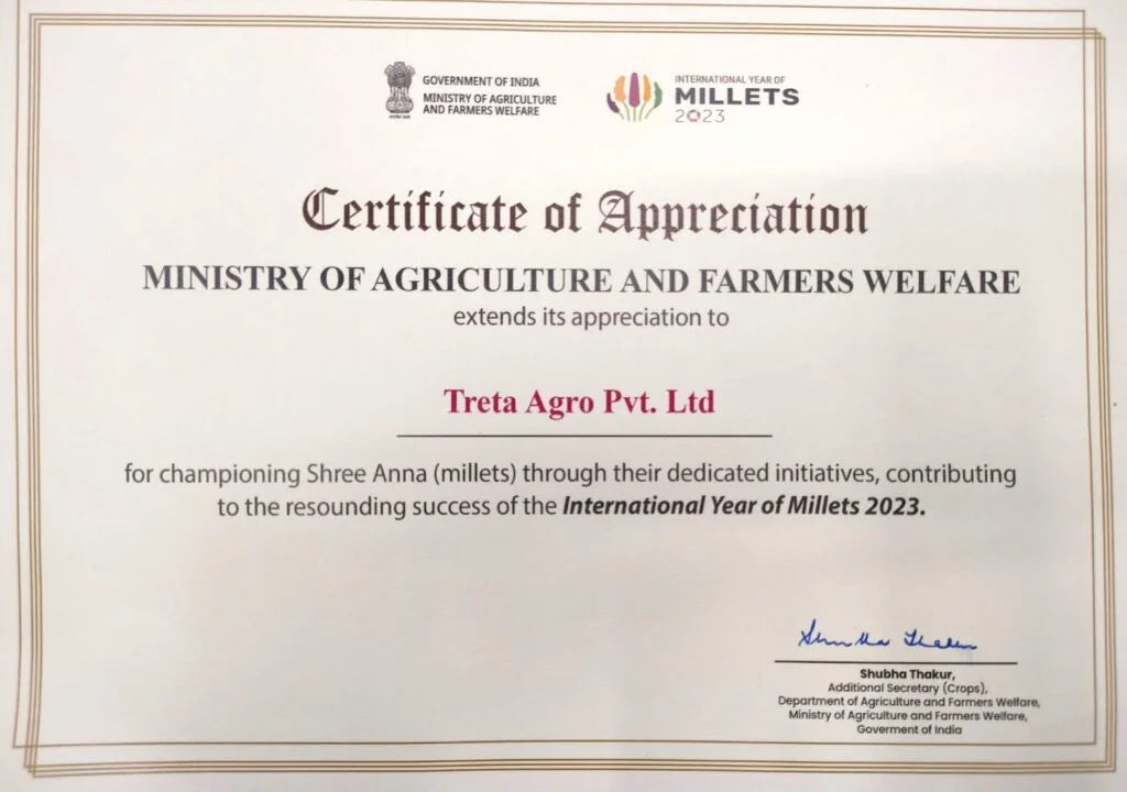 Treta agro pvt ltd honored by the ministry of agriculture and farmers’ welfare for contribution to the international year of millets 2023